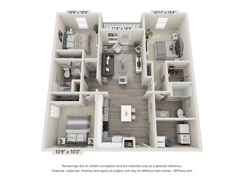 Floor plan for 3 beds, 2 baths, 1248 sqft